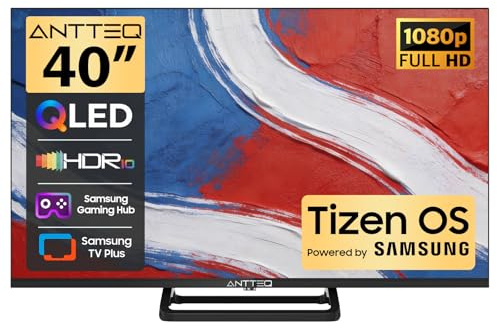 Antteq 40 inch Smart TV, FHD QLED TV Central Stand Design Tizen OS Television with AppleTV+ Netflix Freeview Gaming Hub, MEMC HDR10 Ideal Large Screen for Living Room, Made in the UK