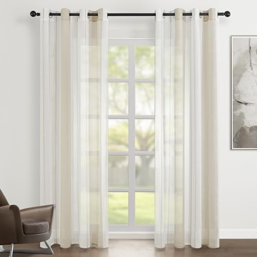 Topfinel Cortinas Salon Para Ventana Grante Rayas Translúcidas 140x240cm Blanco+Caqui 2 Piezas Cortina Visillos Con Ojales De Barra Para La Habitacion De Juvenil Dormitrios Y Comerdor