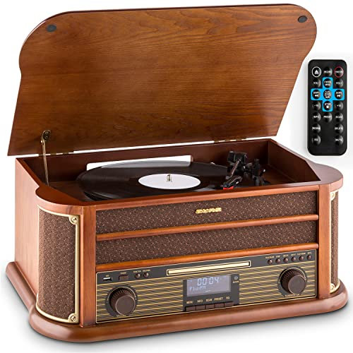 Auna Platine Vinyle Bluetooth, CD & USB avec Haut Parleur, Tourne-disques Audio 33 Tours, Chaine HiFi avec Platine , Lecteur Vintage, Meuble