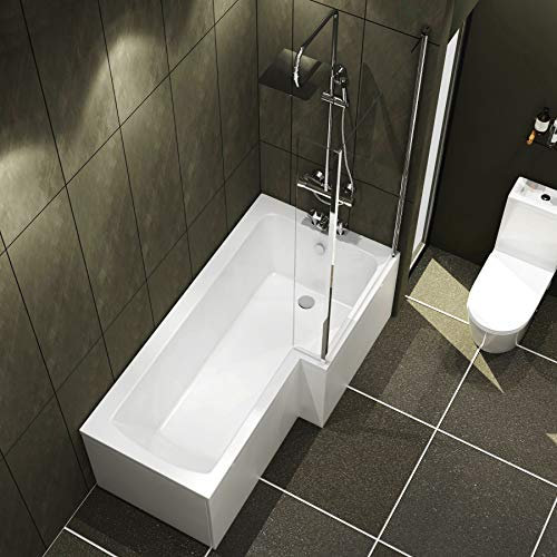 Qubix 1600 x 850mm Right Hand L-Shaped Shower Bath Bathtub with Front Panel + Glass Shower Screen