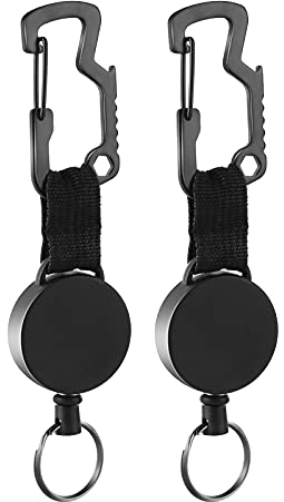 Schlüsselanhänger Ausziehbar, Einziehbarer SchlüSselband mit Multitool Karabiner, Ausweishalter JoJo mit Ausziehbar Stahlseilbis zu 63 cm, Schlüsselkette Schwarz 2 Stücke