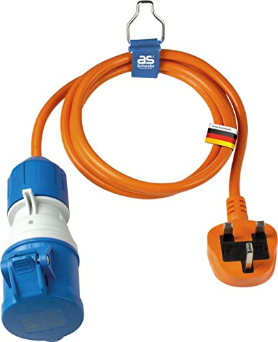as - Schwabe CEE-Adapterleitung UK 1,5 m - Camping Adapter Großbritannien | UK Verlängerung Typ G - CEE-Kupplung mit Klappdeckel + powerlight Spannungsanzeige 230V, 16A, 3-polig, IP44, 660486