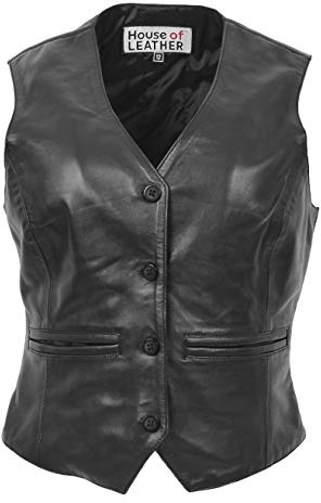 Gilet da donna in vera pelle, chiusura con bottoni, stile tradizionale Rita, Nero , 42