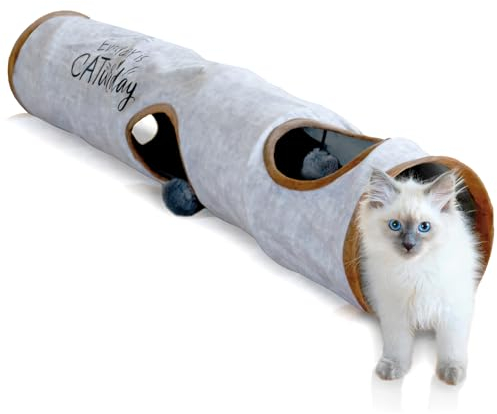 KaraLuna Premium Katzentunnel 120 x 24 cm I 3 Gucklöcher & Spielbälle I Katzen Spieltunnel Faltbar Katzenspielzeug Katzen Tunnel Rascheltunnel Höhle Rolle Cat Tunnel Katze grau Kaninchen XXL