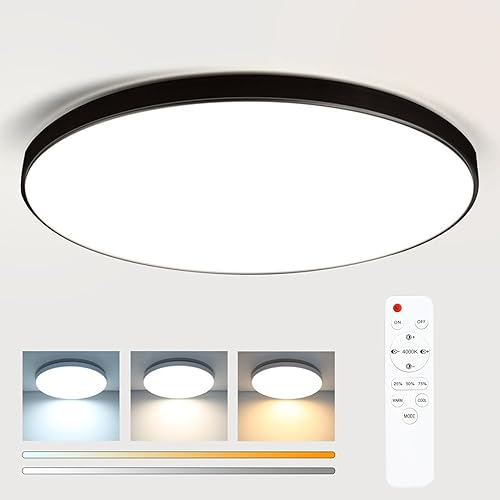 TOPBOS 30W Moderna Plafon de Techo Regulable con Mando a Distancia,3000K-6500K Temperatura de Color Ajustable Lampara de Techo LED Redonda Plana Negra IP54 Moderna plafon de Techo para Sala de Estar