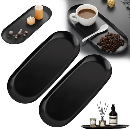 Xinlon 2 Stück Badezimmer Tablett–Edelstahl Deko Tablett Groß 230 x 95 mm, Ovale Metallplatte für Kosmetik Schmuck Schlüssel Süßigkeiten Dessert&Kerzen–Organizer für Bad Wohnzimmer Küche Deko Tablett