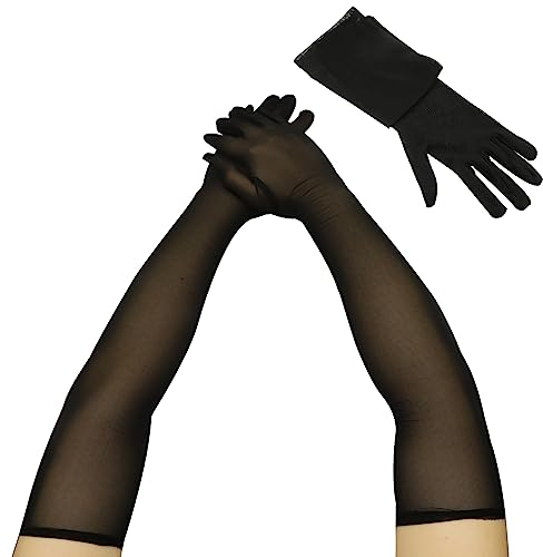 Amissz Damen Lange Tüll Handschuhe,Nahtlose Handschuhe Schwarz Ellenbogen Opern Nylon Durchsichtig Frauen Hochzeit Abend Party Cocktail Ball