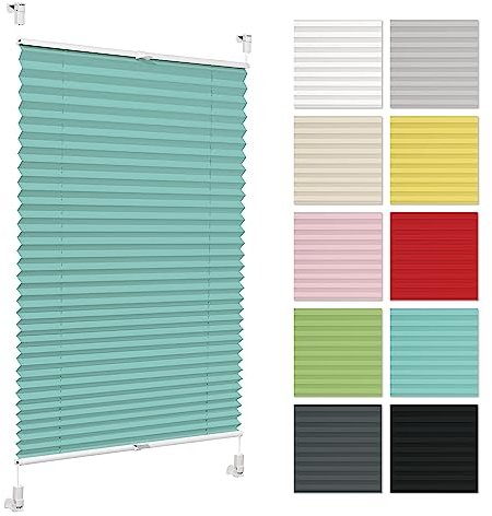 Plissee ohne Bohren 35 cm x 80 cm - Türkis - Plissee klemmfix, Rollos für Fenster ohne Bohren, Jalousien Fenster für innen, Raffrollo, Fenster plissee