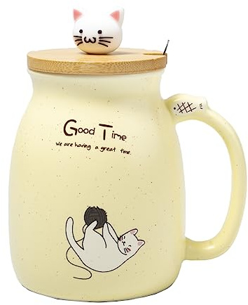 lachineuse - TASSE CHAT KAWAII 450 ml - Grande Tasse avec Couvercle et Cuillère Contenance - Mug à Infusion, Thé, Café - Tasse Japonaise Originale - Kitty Mignon - Couleur Jaune