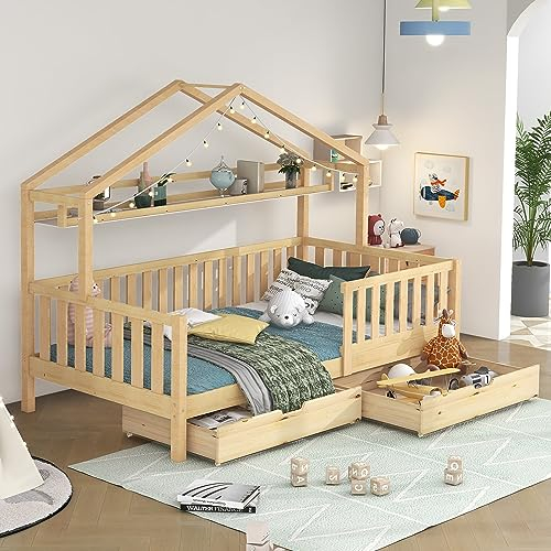 Kinderbett in Holzfarbe,Kinderbett Hausbett mit Schubladen,Massivholz mit Lattenrost,Kiefernholz Hausbett,Kinder und Jugendzimmer,90x200