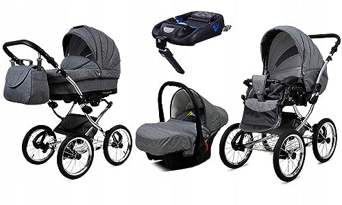 BabyLux® Kinderwagen Set 4 in 1 - Margaret Exclusive - incl. Babywanne, Buggy Sportsitz, Auto-Babyschale, ISOFIX-Basisstation - Autositz - Kinderwagenset - Kombikinderwagen mit Wickeltasche usw.