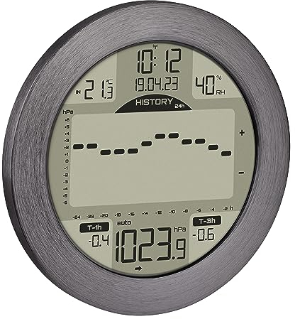 TFA Dostmann Stazione meteorologica Meteomar, 35.1124.10, andamento/tendenza della pressione atmosferica, con grafico per 24 ore/3 ore/1 ora, temperatura/umidità, orologio radio con data, antracite