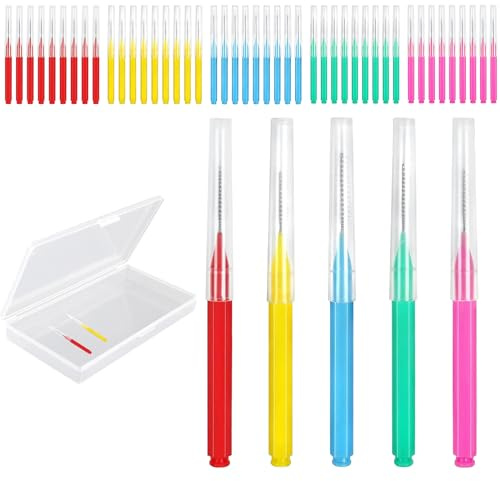 50 cepillos para limpieza con estuche de almacenamiento, cepillo interproximal interdental entre dientes, 5 colores, palillos de hilo dental, higiene dental oral (50)