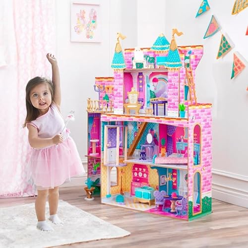 ATAA Casa de Muñecas de Madera Rosa Castillo Grande Vegas para Muñecas de 30 cm con Muebles y Accesorios para Niñas y Niños Toys