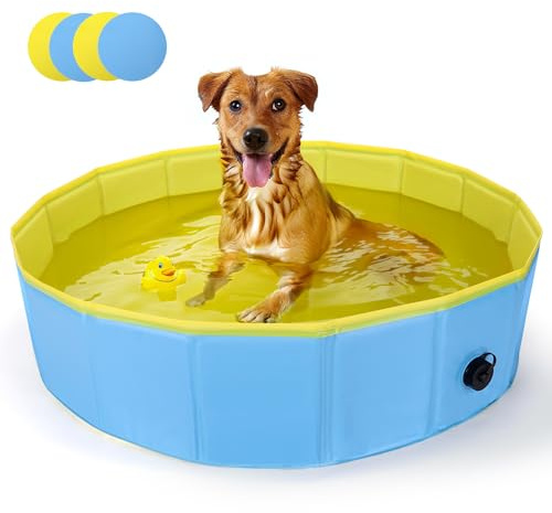 Nobleza Hundepool für Große & Kleine Hunde, Faltbarer Hunde Planschbecken, Stabile Hundebadewanne, Swimmingpool für Katzen, 120 * 30cm, M, Blau & Gelb