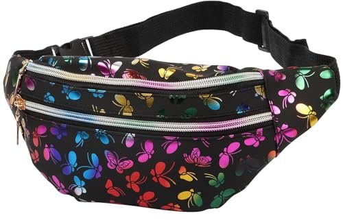 Bauchtasche für Kinder, Mädchen und Damen mit Glitzer und Schmetterlingendruck - 80er-Jahre-Mode, Wasserdicht, Schwarz, geeignet für Festivals, Reisen und Partys