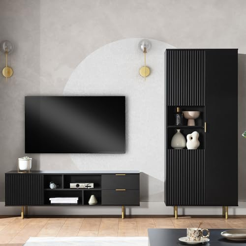 Wohnmöbel Set Wohnwand matt schwarz 3-teilig modern 1 Lowboard, 1 Vitrine