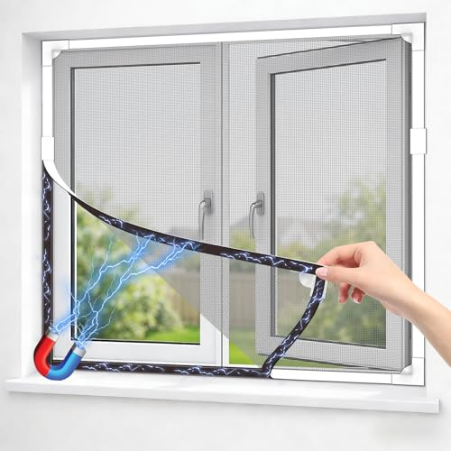 OWYR Adjustable Magnetic Fly Screen Window - DIY Fit Up to 130x150cm, Fiberglass Insect Mesh for Mosquito Net & Bug Screen, Full Frame Magnetic Strip Easy Installation (White Frame Grey Net)