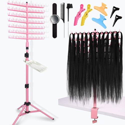 poipoilu Height Adjustable Braiding Hair Rack 168 pegs, Dual-use Braid rack with Clamp (Pink)
