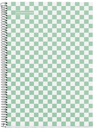 Miquelrius - Cuaderno Escolar 4x4 mm, Tamaño Folio (215 x 309 mm), 80 Hojas de 90 g/m², Cuadrícula 4x4 mm con margen, Encuadernado Espiral, Cubierta rígida, Diseño damero verde