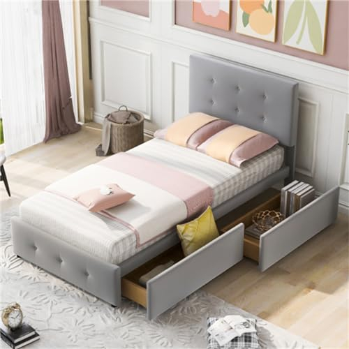 Polsterbett mit Zwei Schubladen und Rückenlehne 90 * 200cm Lattenrost Geeignet für Erwachsene, Jugendliche und Kinder Einzelbett Gästebett (Grau)