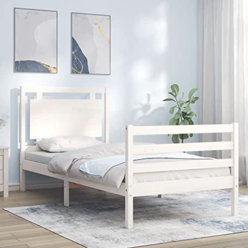 Camerina Massivholzbett mit Kopfteil Bettgestell Bed Frame Holzbett Kopfteil Bett Schlafzimmer Bett Massivholzbetten Weiß 100x200 cm 3194042