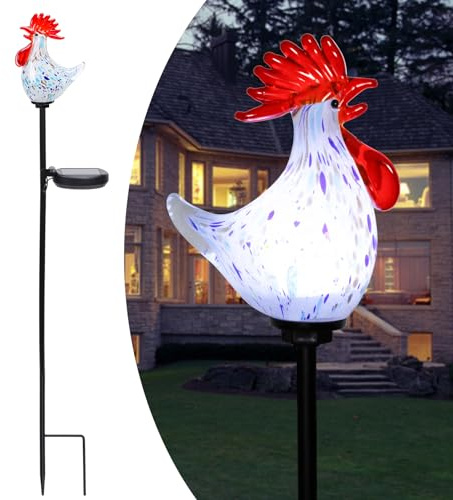 Afirst Decorative Solar Lights Outdoor Solar Rooster Stake Lights Hand Blown Glass Decorative Garden Pathway Lights Outdoor Waterproof Glass Stakes