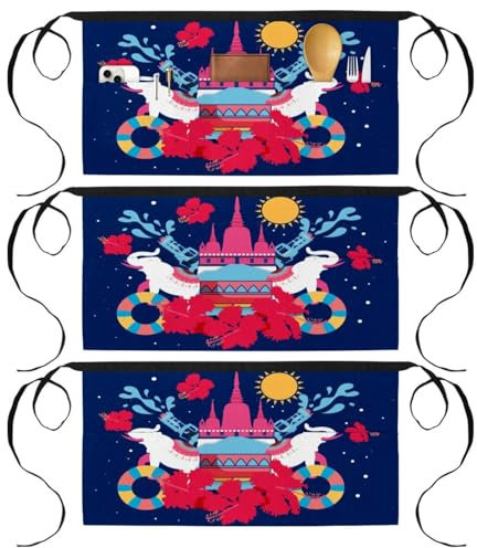 VAPOKF 3 Packungen Taillenschürze, kurze Kellnerschürze mit 3 Taschen, halbe Schürze zum Kochen, Backen, Hausreinigung, Restaurant, Arbeit, Bistro, Bar – Songkran Thai Festival Elefant Wasserpistolen,