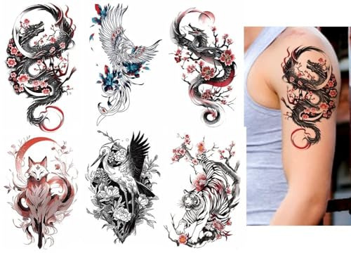 Lot de 6 feuilles de tatouages temporaires phénix - Renard - Tigre - Tatouage dragon - Faux tatouages d'animaux - JAP6
