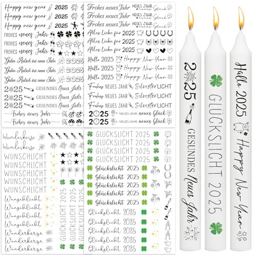 BOOMTOP 4x Kerzen Tattoos Folie Frohes Neues Jahr 2026 Rub On Sticker Silvester Glückslicht Wunschlicht Kerzen Aufkleber Kerzenfolie Kerzensprüche Kerzensticker Kerzen Verzieren für Stabkerzen Tasse