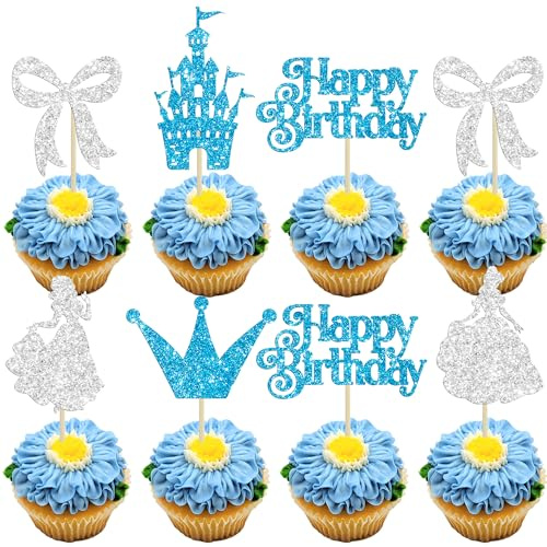 Gyufise 24Pcs Frozen Princess Cupcake Toppers Glitter Castle Bowknot Happy Birthday Cake Topper Decorations for Princess Happy Birthday Baby Shower New Year Party Supplies Blue Silver