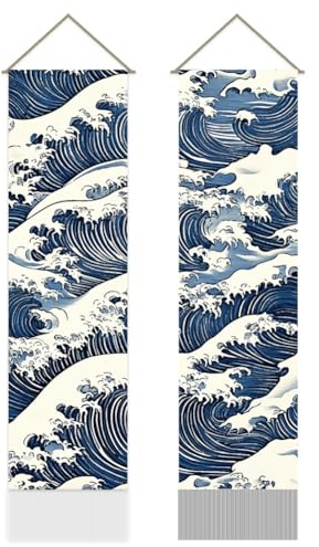 AHANDMAKER 2 Stück Japanischer Wandteppich Mit Meereswellen Asiatischer Orientalischer Wandteppich Mit Quasten Zum Aufhängen Für Schlafzimmer Wohnzimmer Entspannungsbereich (45.7x13 Zoll)