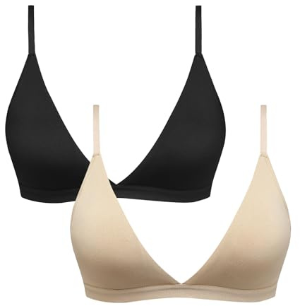 INIBUD Bralettes for Women Triangle Padded Bralette Deep V Seamless Bras No Underwire Comfortable Wireless Everyday Black+Nude Medium