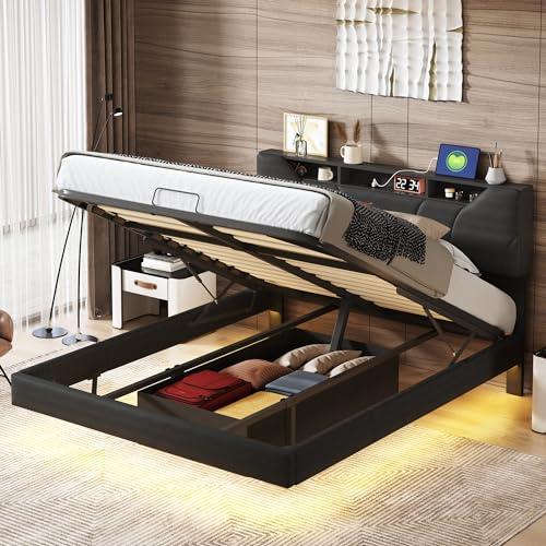 BHFFTHK Polsterbett Doppelbett 140x200 mit LED Beleuchtung,Stauraumbett Hydraulisches mit Verstellbares Kopfteil und USB-C,Modern Bett Jugendbett Bettgestell mit Lattenrost,PU-Oberfläche, Schwarz