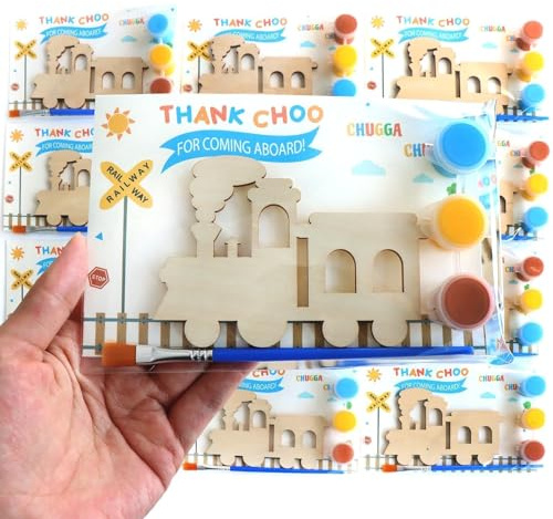 BOIKOKY 12 Pack Pre-Packaged Train Party Favors, Wooden Train Painting Kits, Choo Choo 2nd Birthday Decorations, Toddler Party Favors & Goodie Bag Stuffers for Kids 3-5