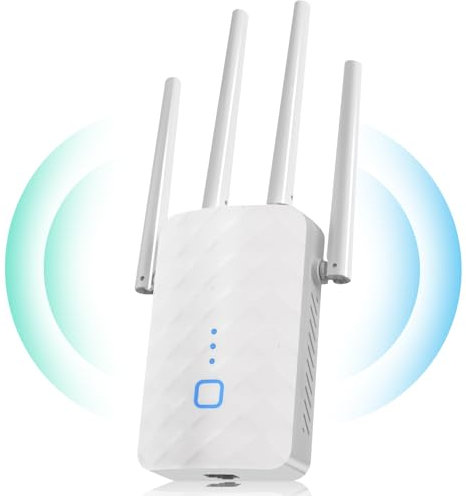 MEETOWN Repetidor WiFi, 1200M Amplificador Señal WiFi con 4 Antenas, Conexión LAN, WPS, Largo Alcance Compatible con 99% de los Routers Estándar, Cubre hasta 35 Dispositivos