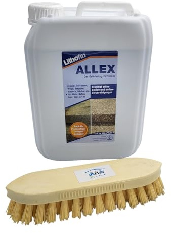 zbs24 Lithofin ALLEX Grünbelagentferner 5 Liter, Reinigungskonzentrat selbstwirkend gegen Algen und Moos, für Terrassen, Naturstein, Betonstein, Klinker, Putz und Holz, inkl. Reinigungsbürste