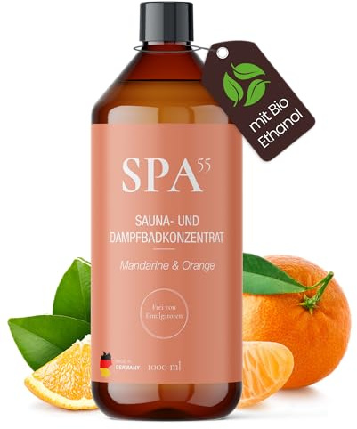 SPA55 Saunaaufguss 1000ml Sommerfreude (Mandarine & Orange) – Sauna Zubehör & Sauna Aufgussmittel für intensiven Saunaduft – mit Bio-Ethanol, ohne Emulgatoren, recycelte Flasche | Made in Germany