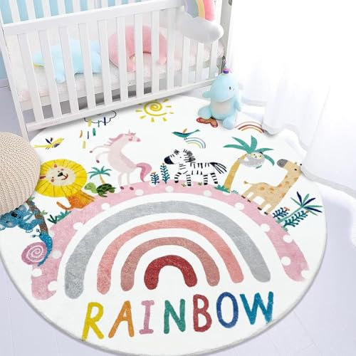 Tospass Kinderzimmer Rund Teppich Regenbogen Schlafzimmer Weicher Waschbarer Kinder Teppich Junge Mädchen Kurzflor rutschfest Teppich, 80 cm Rund