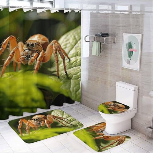 BWQSKL Lot de 4 rideaux de douche avec tapis antidérapant, housse de couvercle de toilette et tapis de bain araignée sur feuille durable