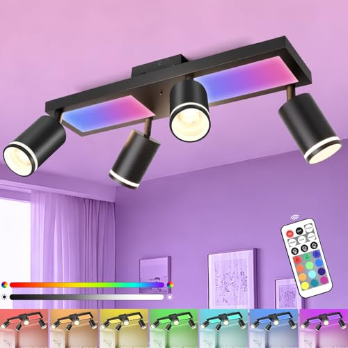 YindaLux Deckenstrahler LED mit Fernbedienung RGB Farbwechsel 30W 3600LM | Schwarz RGB Deckenleuchte 4 Flammig mit Unteres Glühen, Inkl. GU10 Leuchtmittel, Schwenkbar Strahler Lampe für Wohnzimmer