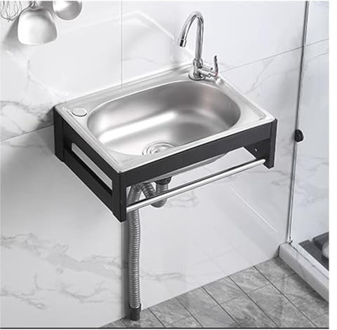 GLJTUO Kommerzielles Handwaschbecken Zur Wandmontage, Einfache Küchenspüle Mit Wasserhahn, Einzelbeckenspüle Aus Edelstahl, Kleine Spülecke Für Die Waschküche Im Keller,Silver-B-53x38x16cm