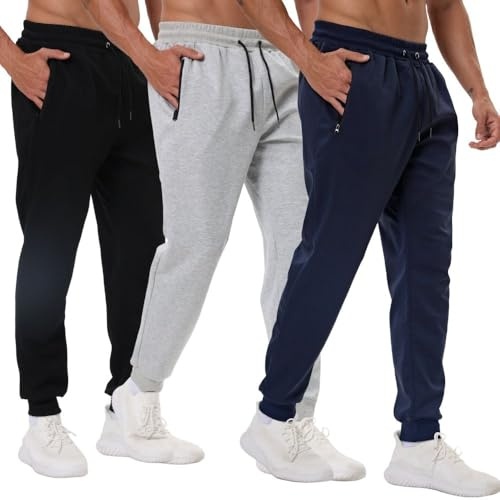 Bsrpolry Lot de 3 pantalons de survêtement athlétiques pour homme avec poches zippées, pantalons de sport pour la salle de gym pour homme, pantalons de jogging pour homme, L