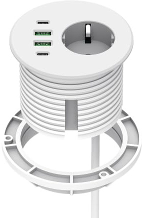 Einbausteckdose mit USB C, Haiaoyyds Tischsteckdose ausgestattet mit 1 Schuko, 2 USB-A Anschluss, 2 USB-C Anschluss und 2m Netzkabel, Einbau Steckdosenleiste für 76mm Tischloch (Weiß)