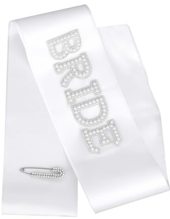 BOXOB Pärlbeströdd Bride Sash, Vit Strass Bride To Be Sash med Diamantnål Bröllopstillbehör för Möhippa Dekorationer Brudduschar Presenttips till Tärnor Förlovningsfesttillbehör