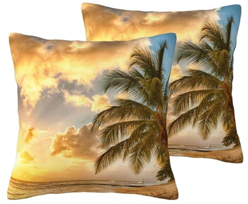 YFSGDLBN Lot de 2 housses de coussin décoratives en lin imitation lin Motif palmier hawaïen coucher de soleil