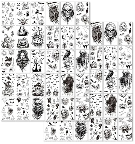 JYNXOR 60 Pcs Feuilles Tatouage Ephemere Homme Femme, Imperméable Faux Tatouage Autocollant avec Mort Crâne Squelette Lion, Faux Tatouage Homme, Tatouage Temporaire pour Corps Bras Poitrine épaule