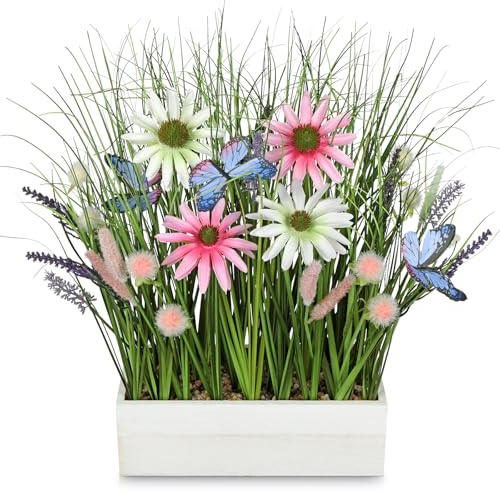 Artificial Plants Indoor with Pot, 18.5 Fake Potted Plants Artificial Onion Grass Plant with Daisies Flowers and Butterflies Small Faux Plant Indoor with Wooden Pot for Home Living Room Table Decor