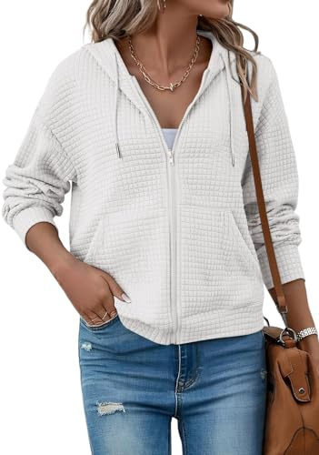 EIRUKON Sudadera Mujer Cremallera con Capucha Manga Larga Sudaderas Oversize Hoodie Gofre Chaqueta Sweatshirt para Otoño Primavera Casual Ropa Outerwear,Blanco,M