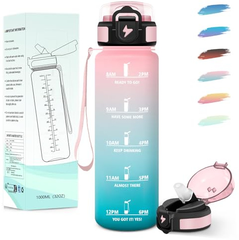 Motswedi Gourde 1l, avec Paille, Gourde Sport, Anti-Fuite, Bouteille, Réutilisable, Bouteille d'eau, avec Marqueur de Temps, pour Fitness, Yoga, Sport, Camping, Gym, Travail, Rose Vert